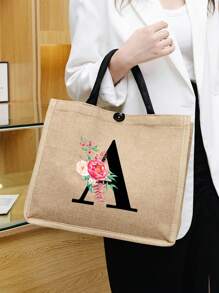 亚麻花朵字母手提包，个性化礼品袋，适合婚礼、生日、海滩、节日，是送给女性、母亲、老师、朋友、伴娘、大包、学生和返校的完美礼物，圣诞节最好的老师礼物 - 卡其色 - 查看 2