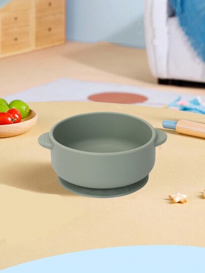 1pc Olive Green Silicone Suction Bowl For Baby, With Dual Ear Design, High Temperature Resistance, Anti-fall, Suitable For Daily Use