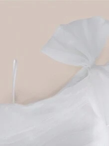 Tween Girl Asymmetrical Shoulder Bow Detail Ruffle Hem Mesh Overlay Dress - White - View 8