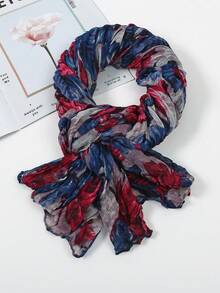 1pc Women's Classic Flower Printed Crinkled Scarf For Winter, With Fringed Edges - Blue - View 7
