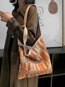 可愛兔子印花鉤針編織袋,可愛卡通針織單肩包,大容量流浪手提包,女性兔子印花休閒手提包和購物袋,可愛兔子圖案鉤針編織袋,時尚編織單肩包,女性輕便通勤者手提包,兔子圖案鉤針編織袋,針織手提包,文學夏季沙灘旅行包 - 駝色 - 查看 2