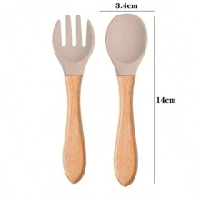 Food-grade Children's Silicone Spoon And Fork Set With Wooden Handle - Khaki - View 2