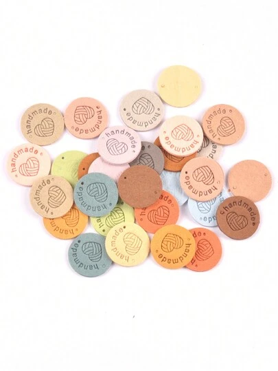 20개 2.5cm 멀티컬러 수제 하트&얀볼 패턴 라운드 인조 가죽 패브릭 레이블, Diy 의류, 모자, 스카프 액세서리에 도움이되는 접착제 없음