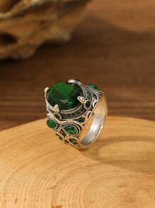 1pc Fashionable Vintage Minimalist Round Cubic Zirconia Ring - Green - View 5