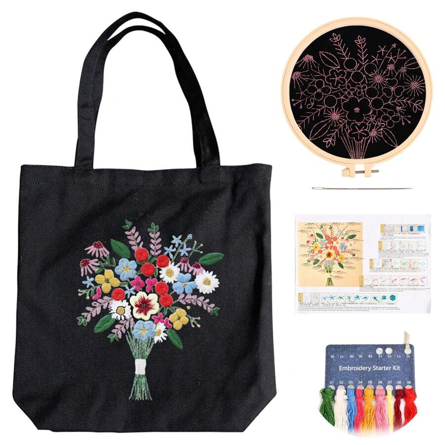 帆布手提袋刺繡十字繡套件,帶有花朵圖案,包括塑膠環、彩色線、針、說明 Diy 工藝品套件,適合生日週年紀念禮物,黑色 - 黑色 - 查看 1