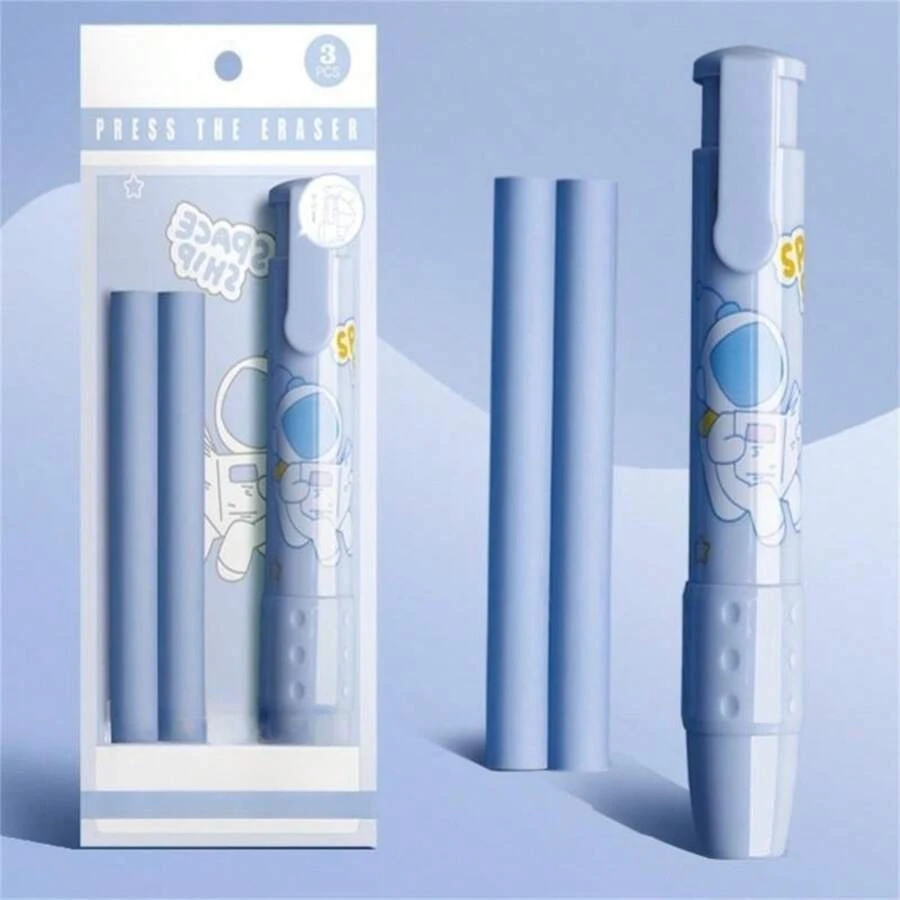 3pcs Cute And Expandable Cartoon Student Press-type Erasers With 2 Refills - Blue - View 1