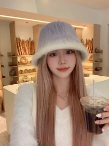 LEAJOURNO. 1入款女士造型毛絨漏斗帽，秋冬保暖寬邊漏斗帽，實色毛絨帽 - 紫色 - 查看 1