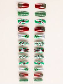 Christmas Series Snowman Christmas Tree Wearing Nails 24pcs + 1 Piece Of Jelly Glue + 1 Piece Of Nail File Press On Nails Nail Supplies