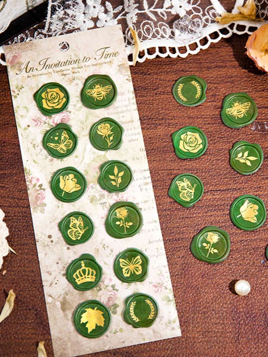 1個復古火漆封條貼紙信封邀請卡裝飾口袋材料 - 綠色 - 查看 1