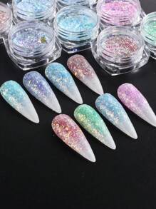 Iridescent Nail Glitter Powder Set, 8Pcs Mermaid Nail Art Glitter Kit, Blue Violet Mermaid Sequins, Crystal Fire Opal Flakes, Holografic Nail Pigment For Manicure DIY Nail Charms Nail Gems Nail Supplies - Multicolor - View 3
