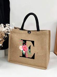 亞麻花朵字母手提包,個性化禮物袋,適用於婚禮、生日、海灘、假期,是女性、母親、教師、朋友、伴娘、大袋子、學生和返校的完美禮物 - 卡其色 - 查看 1