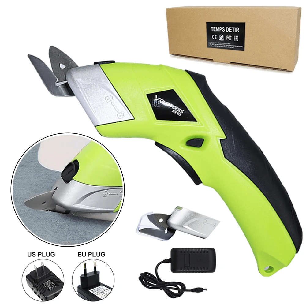 YUZES Tijeras eléctricas de 1 pieza con cabezal de corte doble, cargador UE/EE. UU., cortadora eléctrica inalámbrica duradera de acero de tungsteno multiusos portátil de 4 V para tela, papel, cartón, proyectos de bricolaje - Verde - Ver 1