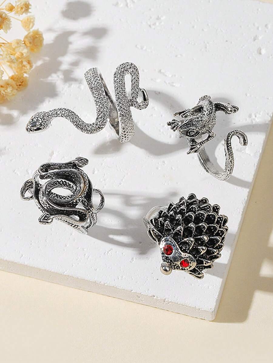 3pcs Fashionable Men's Ring Set With Lizard, Hedgehog & Dragon Design Adorned With Red Rhinestone - Antique Silver - View 1