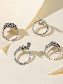 3pcs Fashionable Men's Ring Set With Lizard, Hedgehog & Dragon Design Adorned With Red Rhinestone - Antique Silver - View 5