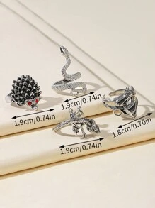 3pcs Fashionable Men's Ring Set With Lizard, Hedgehog & Dragon Design Adorned With Red Rhinestone - Antique Silver - View 2