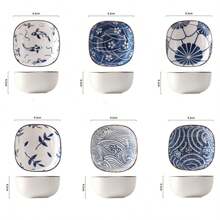 6 件/套 6 盎司酱油蘸料碗，瓷器配菜/盘子，用于小吃寿司番茄酱调味品开胃菜甜点，厨房准备小捏碗，各种图案学校用品，圣诞礼物 - 藍色 - 查看 3