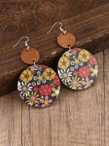 1 Paar Modische Ohrringe Mit Holzoptik, Runde Anhänger, Herbststil