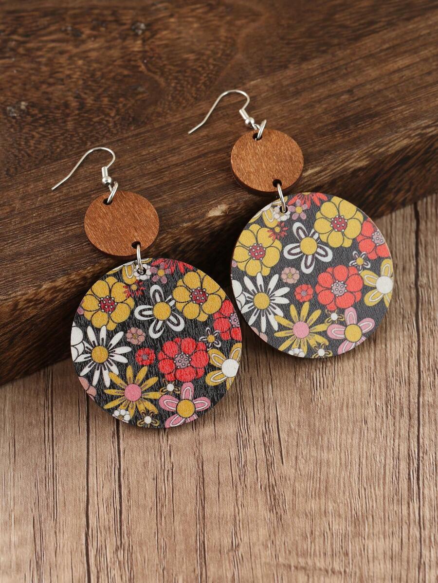 1 Paar Modische Ohrringe Mit Holzoptik, Runde Anhänger, Herbststil