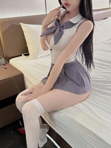 Áo liền quần + Váy + Nơ thắt ( Vớ ) - trắng - Xem 3