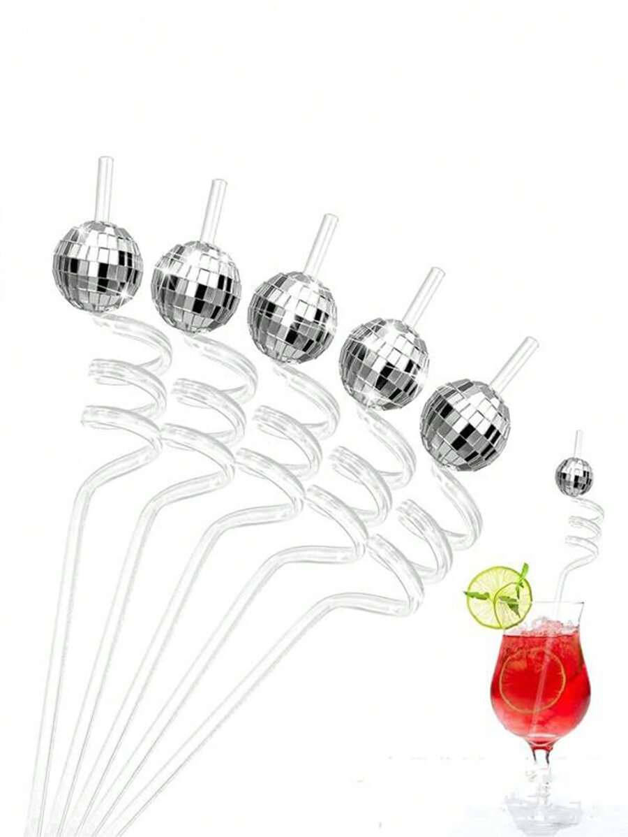 5pcs/12PCS Disco Ball Shaped Curved Creative Drinking Straw,Kitchen,Christmas Gift,School Supplies - Silver - View 1
