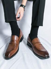 Fashionable Slip-On Penny Dress Loafers - Gentleman's Solid Color Formal Dress Shoes, Retro Square Toe, Soft Comfortable, Non-Slip, For Office, Wedding, Party, Graduation, All Seasons, Big Size - Brown - View 5