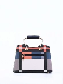 1pc Color Block PU Material Zipper Handbag With Pendant For Women, Suitable For Daily Use - Multicolor - View 3
