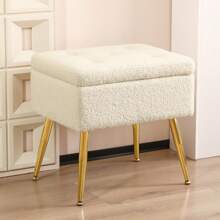 Furnistyle Autumn Ivory White Sherpa Makeup Vanity Stool Chair with Storage, Fur Bench Ottoman Living, Accent Stool Storage Ottoman Living, Tufted Upholstered Footstool with Chic Metal Legs for Makeup Beauty Room, Livingroom and Bedroom, Entryway Bench