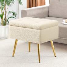Furnistyle Autumn Ivory White Sherpa Makeup Vanity Stool Chair with Storage, Fur Bench Ottoman Living, Accent Stool Storage Ottoman Living, Tufted Upholstered Footstool with Chic Metal Legs for Makeup Beauty Room, Livingroom and Bedroom, Entryway Bench