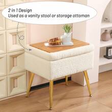 Furnistyle Autumn Ivory White Sherpa Makeup Vanity Stool Chair with Storage, Fur Bench Ottoman Living, Accent Stool Storage Ottoman Living, Tufted Upholstered Footstool with Chic Metal Legs for Makeup Beauty Room, Livingroom and Bedroom, Entryway Bench