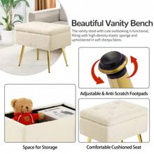 Furnistyle Autumn Ivory White Sherpa Makeup Vanity Stool Chair with Storage, Fur Bench Ottoman Living, Accent Stool Storage Ottoman Living, Tufted Upholstered Footstool with Chic Metal Legs for Makeup Beauty Room, Livingroom and Bedroom, Entryway Bench