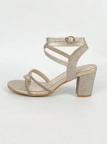 法式粗跟時尚女圓頭高跟涼鞋,露趾設計適合搭配洋裝 - 金色 - 查看 5