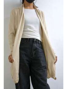 Suéter largo tipo cardigan color beige con dorado - Dorado - Ver 8