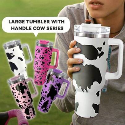 40OZ Any Zoo Cow Pattern Car Tumbler With Handle Straw And Lid, Large Capacity Stainless Steel Insulated Cup, Travel Coffee Mug, Sports Water Bottle, Birthday Gift, Mother's Day Gift