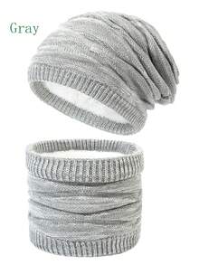 1套女士針織帽子和圍巾套裝,冬季保暖絨布裡帽套和鑽石針織圍巾組合 - 均碼 - 查看 2