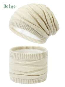 1套女士針織帽子和圍巾套裝,冬季保暖絨布裡帽套和鑽石針織圍巾組合 - 均碼 - 查看 5