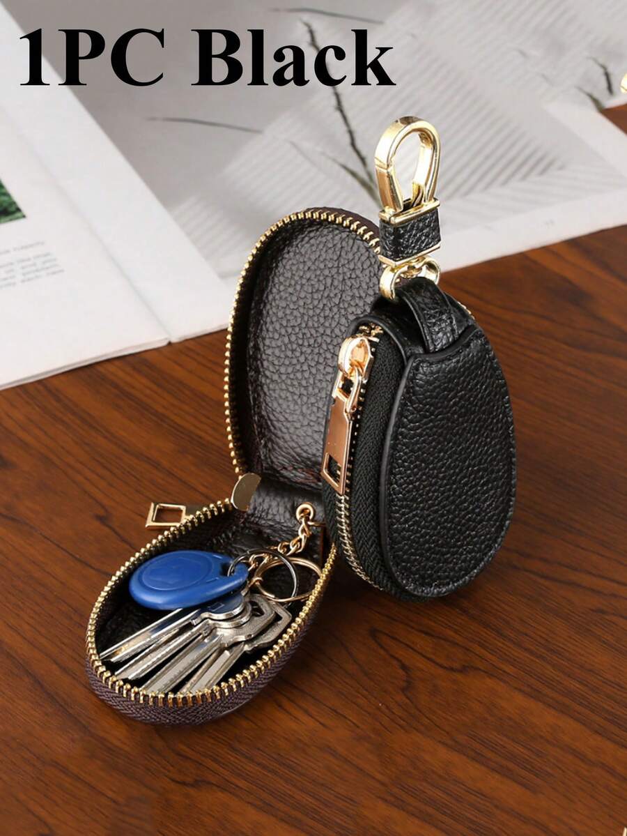 荔枝紋車鑰匙盒鑰匙扣時尚拉鍊皮革汽車鑰匙包袋套,男女適用 - 黑色 - 查看 1