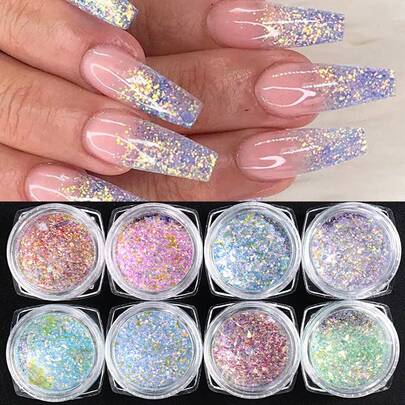 Iridescent Nail Glitter Powder Set, 8Pcs Mermaid Nail Art Glitter Kit, Blue Violet Mermaid Sequins, Crystal Fire Opal Flakes, Holografic Nail Pigment For Manicure DIY Nail Charms Nail Gems Nail Supplies Nails