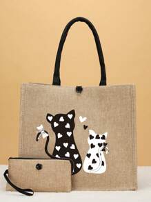 2pcs/set Travel Cat Print Tote Bag And Clutch Handbag Set - Khaki - View 2