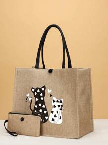 2pcs/set Travel Cat Print Tote Bag And Clutch Handbag Set - Khaki - View 1