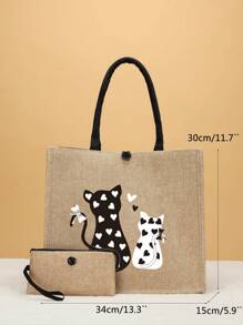 2pcs/set Travel Cat Print Tote Bag And Clutch Handbag Set - Khaki - View 3