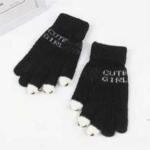 女性觸屏手套可愛編織羊毛手套,秋冬季節卡通百搭風格適用於學生寫作、使用手機時保暖 - 黑色 - 查看 2