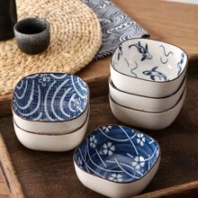 6 件/套 6 盎司酱油蘸料碗，瓷器配菜/盘子，用于小吃寿司番茄酱调味品开胃菜甜点，厨房准备小捏碗，各种图案学校用品，圣诞礼物 - 藍色 - 查看 9