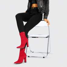 Women's Sock Boots Chunky Heel Ankle Boots Pointed Toe Elastic Suede Fall Winter High Heeled Mid Calf Booties - Red - View 2