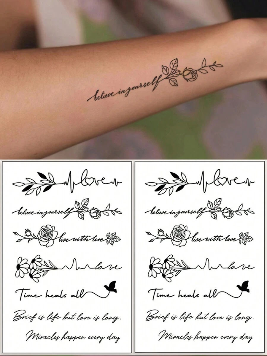 2入組黑色花卉紋身貼紙,附有英文詞語和句子,適用於脊椎、手腕和身體上,臨時紋身 - 黑色 - 查看 1
