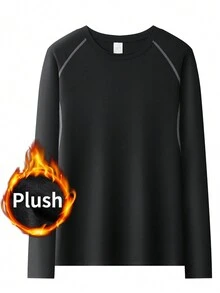 男士壓縮長袖運動上衣,冬季速乾籃球訓練運動衫,毛絨高彈性衣服 - 黑色 - 查看 1