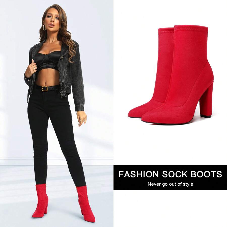 Women's Sock Boots Chunky Heel Ankle Boots Pointed Toe Elastic Suede Fall Winter High Heeled Mid Calf Booties - Red - View 1