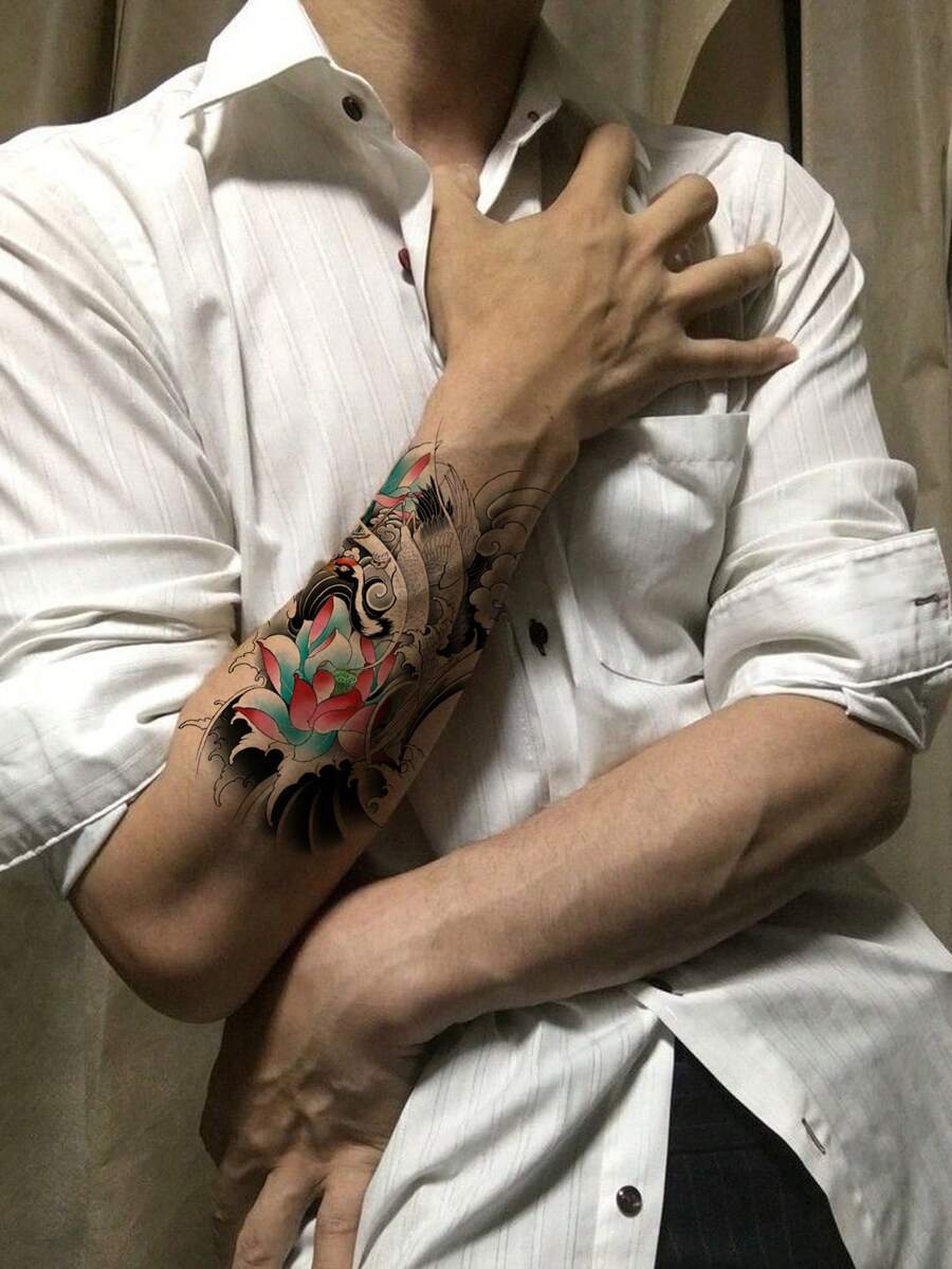 Pegatina Temporal De Tatuaje Para Hombre Con Diseño De Flor De Loto, Arte De Patrón De Pez Koi Y Ola De Mar, Pegatina A Prueba De Agua Y Transferible Para El Brazo