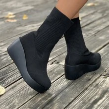 針織短靴,圓頭楔形/中跟/中筒靴,修身彈性靴 - 黑色 - 查看 4