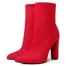 Women's Sock Boots Chunky Heel Ankle Boots Pointed Toe Elastic Suede Fall Winter High Heeled Mid Calf Booties - Red - View 3