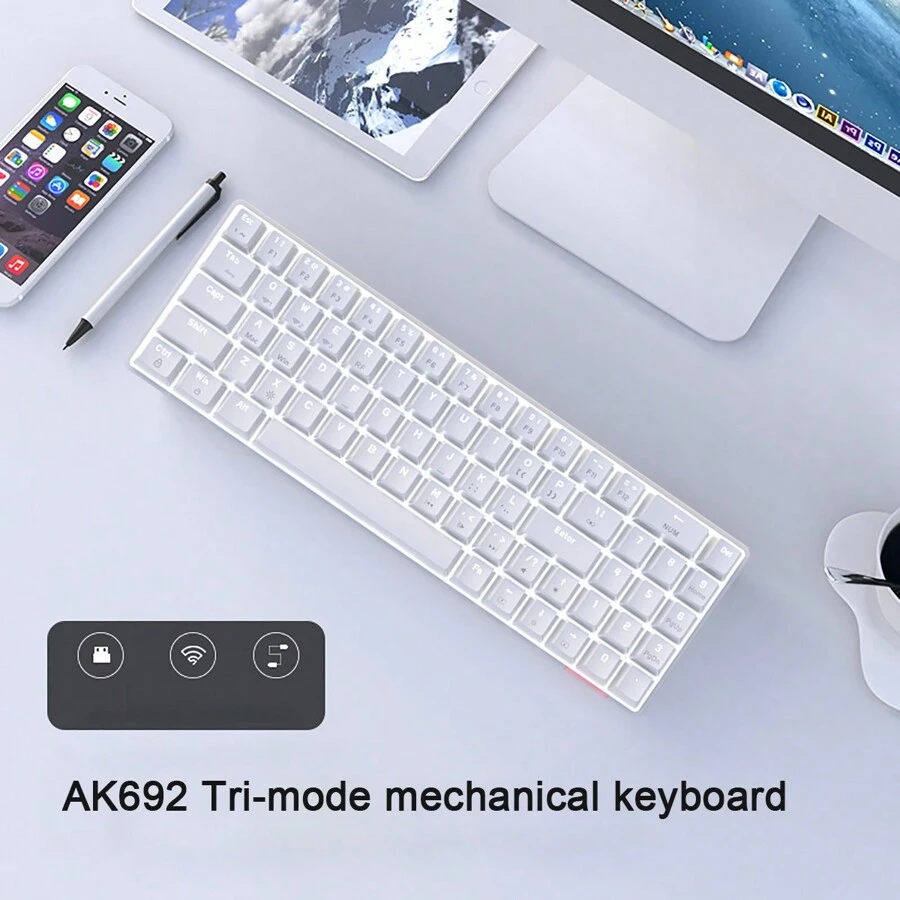 Ajazz Ak692 69鍵遊戲機械鍵槃無線三模辦公電競專用打字棕色開關白色(白光)